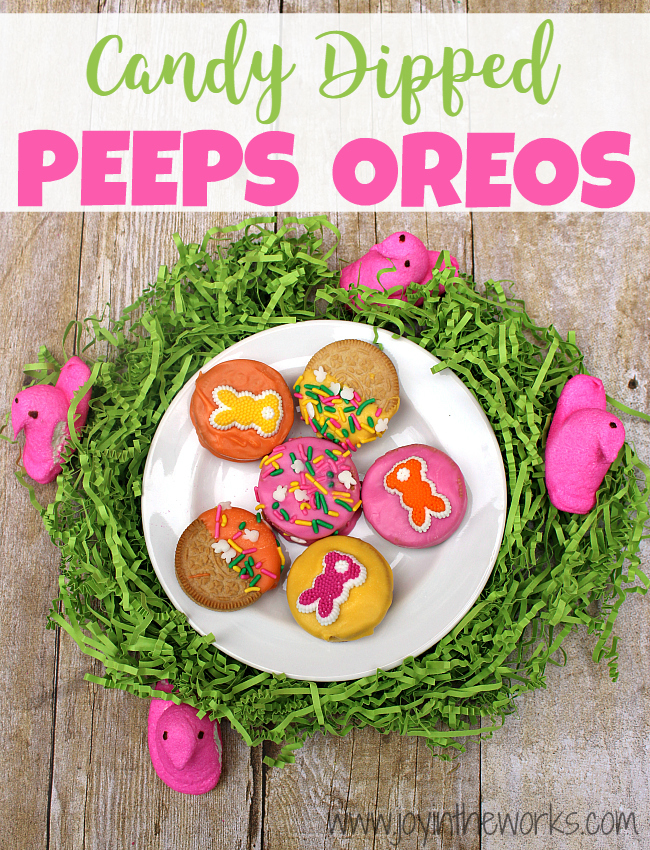 Did you know they make Peeps Oreos now?! I decided to make them even better by dipping them in candy and adding some festive Easter sprinkles! They were so fun to make and they tasted delicious too! A perfect Easter treat!