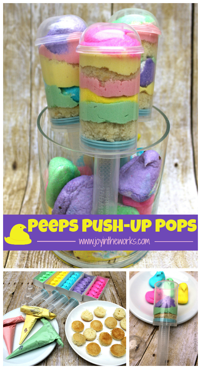 Peeps Push-Up Pops are so easy to make and they make such a fun Easter treat for kids! Plus they combine the best ingredients with cake, frosting and marshmallows in one dessert!