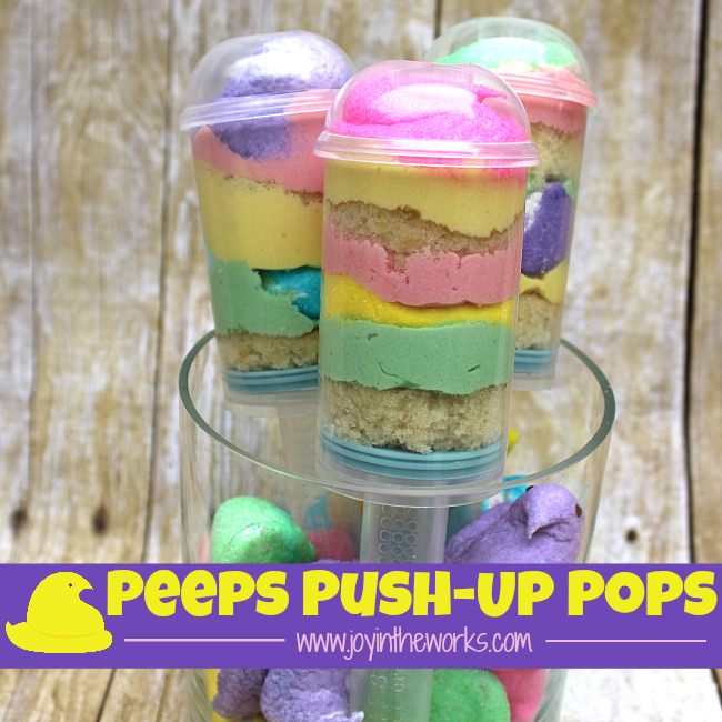 Peeps Push-Up Pops are so easy to make and they make such a fun Easter treat for kids! Plus they combine the best ingredients with cake, frosting and marshmallows in one dessert!