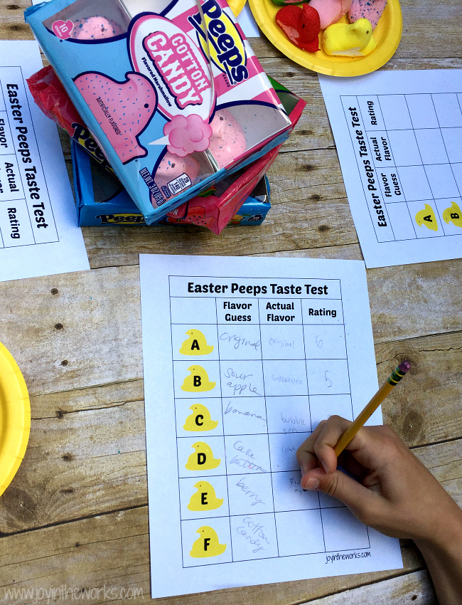 Did you know that Easter Peeps come in different flavors now? From cotton candy to sour watermelon, there are lots of yummy flavors for this classic Easter treat! To make it even more fun, we decided to do a blind Peeps Taste Test to see if the kids could identify the flavors! Free printable available for you to do the same!