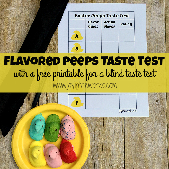 Did you know that Easter Peeps come in different flavors now? From cotton candy to sour watermelon, there are lots of yummy flavors for this classic Easter treat! To make it even more fun, we decided to do a blind Peeps Taste Test to see if the kids could identify the flavors! Free printable available for you to do the same!