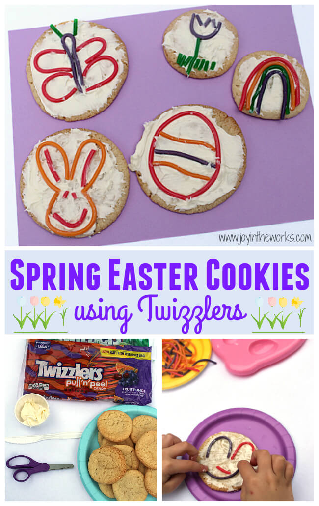 Looking for a fun Easter treat or food craft to make with your kids or a special dessert for a Children's Easter party? These Twizzler Spring Easter cookies are so easy and fun for kids to make and they will end up with their own cookie art!