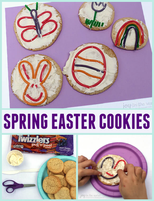 Looking for a fun Easter treat or food craft to make with your kids or a special dessert for a Children's Easter party? These Twizzler Spring Easter cookies are so easy and fun for kids to make and they will end up with their own cookie art!