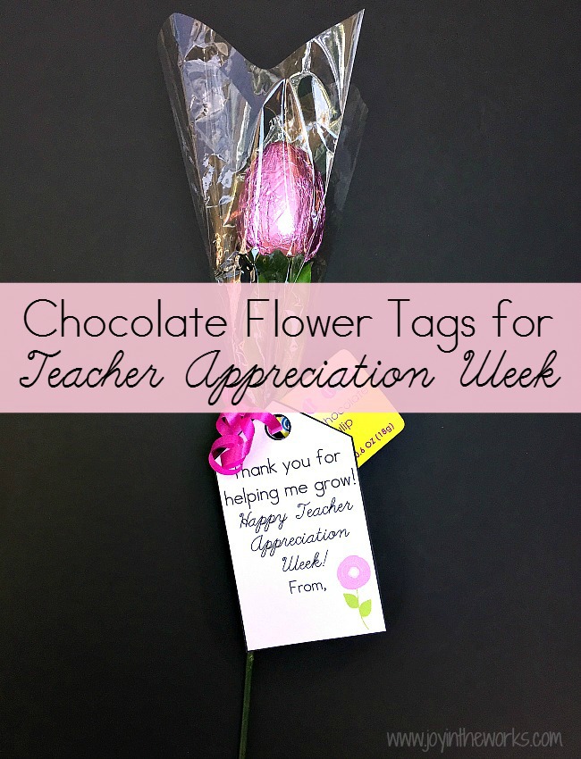 Forget the same old flowers for Teacher Appreciation Week! How about doing chocolate flowers instead! Free printable Teacher Appreciation Gift Tags for chocolate flowers and a few others for any other gift ideas.
