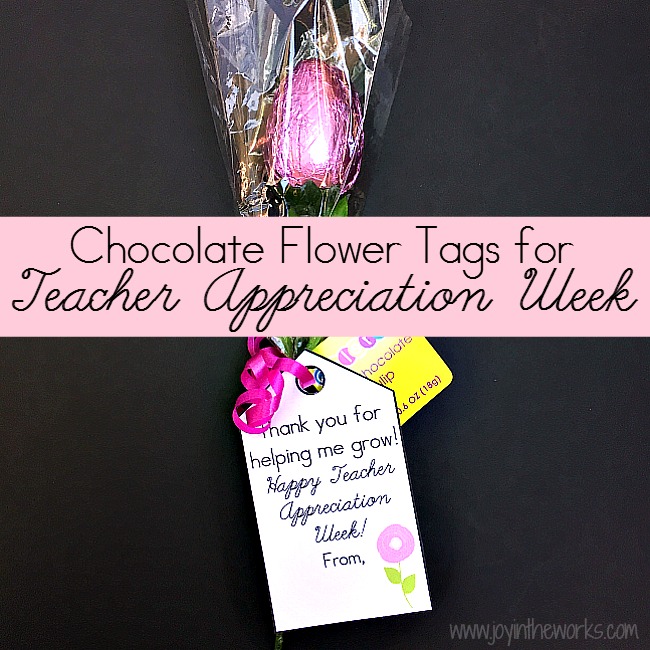 Forget the same old flowers for Teacher Appreciation Week! How about doing chocolate flowers instead! Free printable Teacher Appreciation Gift Tags for chocolate flowers and a few others for any other gift ideas.