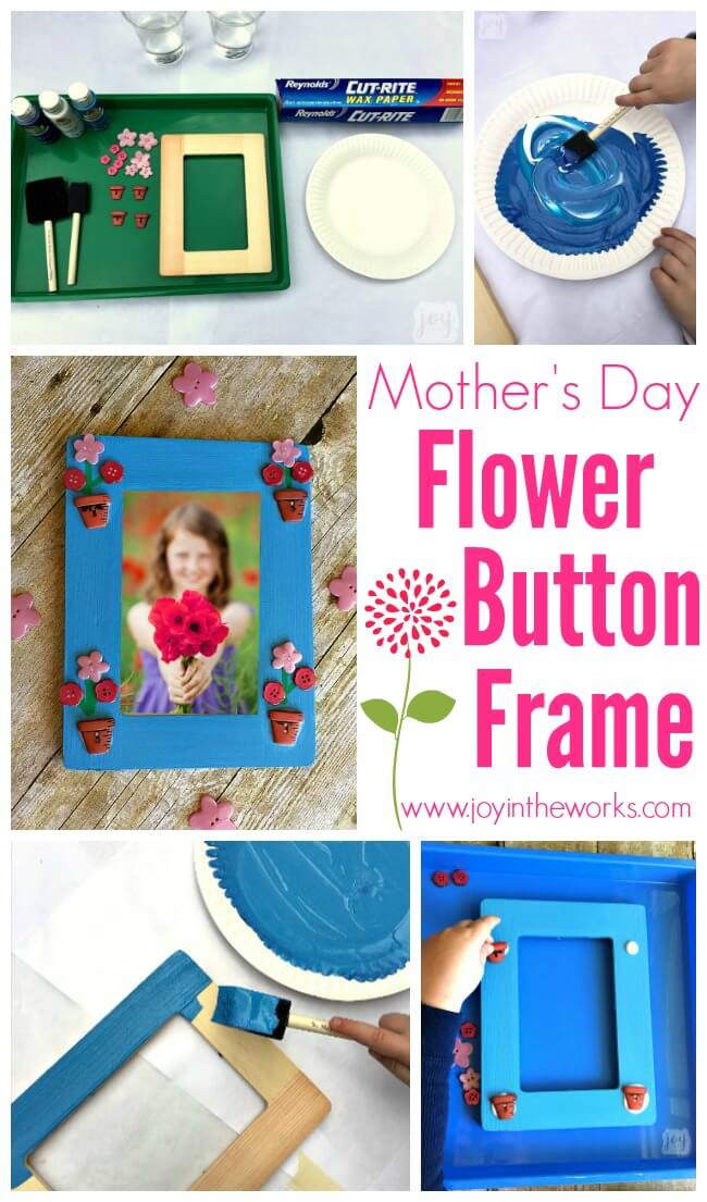 Such an easy Mother's Day gift! To mkae a Mother's Day Flower Button Frame simply paint a frame, add flower buttons (and flower pot buttons if you are lucky enough to find them!) and add stems! So easy that a kid not only can make it, but should make it as a gift for a mom or a grandmother!