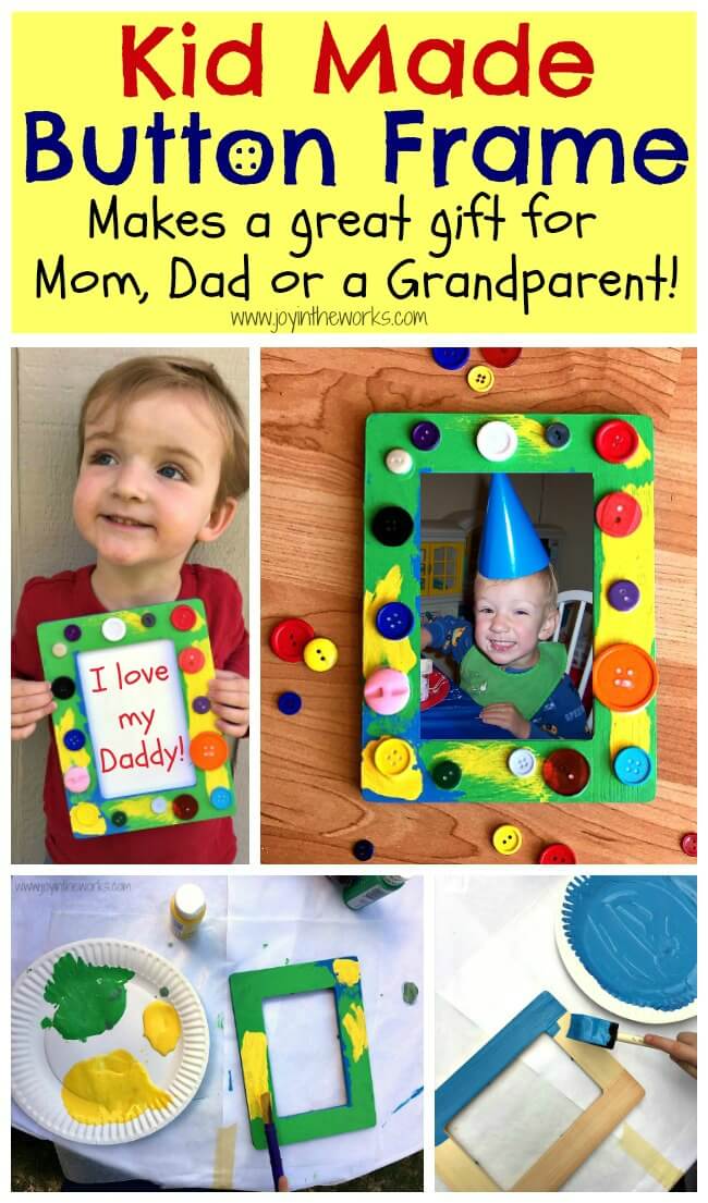 Looking for a kid made gift for mom, dad or a grandparent? A kid made button frame with a sweet picture of the child makes a great gift and is sure to please any relative!