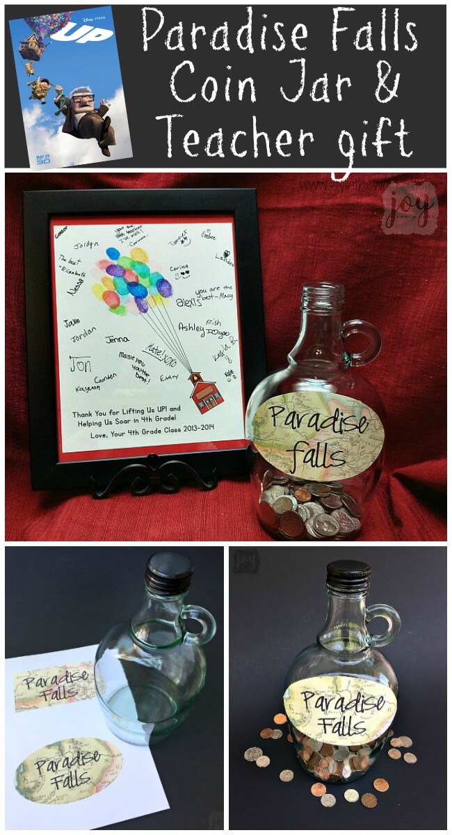 Need a class gift idea for a teacher? This is the perfect end of the year teacher gift (especially if they are Pixar or Disney fans!). Check out how we made our very own Up Paradise Falls Coin Jar as well as an Up balloon schoolhouse card to go with it. Our teacher loved this creative gift from the whole class!