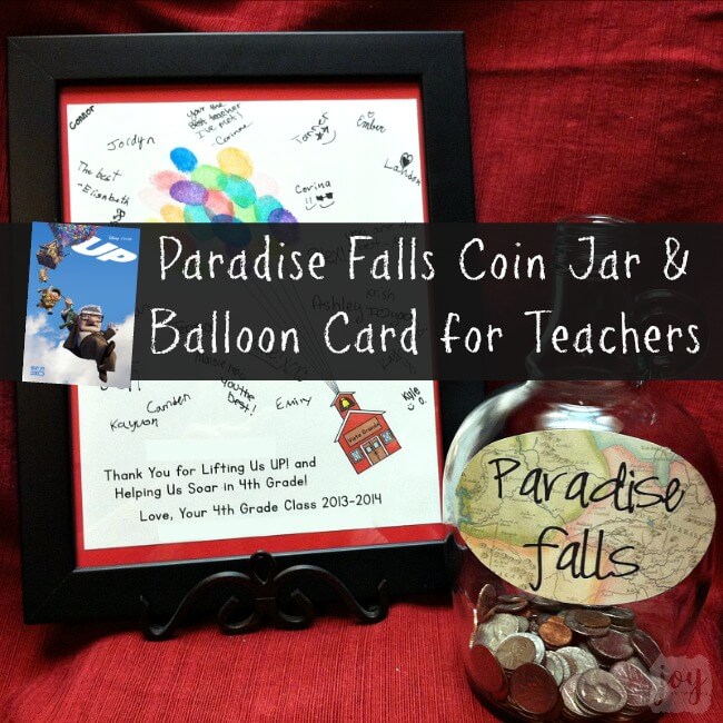 Need a class gift idea for a teacher? This is the perfect end of the year teacher gift (especially if they are Pixar or Disney fans!). Check out how we made our very own Up Paradise Falls Coin Jar as well as an Up balloon schoolhouse card to go with it. Our teacher loved this creative gift from the whole class!