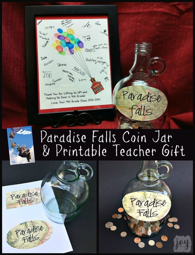 Need a class gift idea for a teacher? This is the perfect end of the year teacher gift (especially if they are Pixar or Disney fans!). Check out how we made our very own Up Paradise Falls Coin Jar as well as an Up balloon schoolhouse card to go with it. Our teacher loved this creative gift from the whole class!