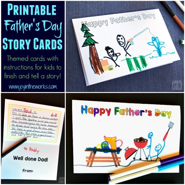 A unique twist on a homemade Father's Day card: Father's Day Story Cards! These themed "finishable" story cards have the beginnings of a picture scene and include instructions and lines for kids to create and record their story creation!