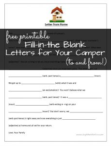 Send a fun letter to your child at camp with this fun "Mad Libs" style fill-in-the-blank letter from home