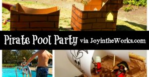 Nothing is more fitting for a pirate birthday party than having it at the pool! We walked the plank, dove for treasure and launched cannonballs! Check out JoyintheWorks.com for more ideas and decor, plus a hilarious cake fail!