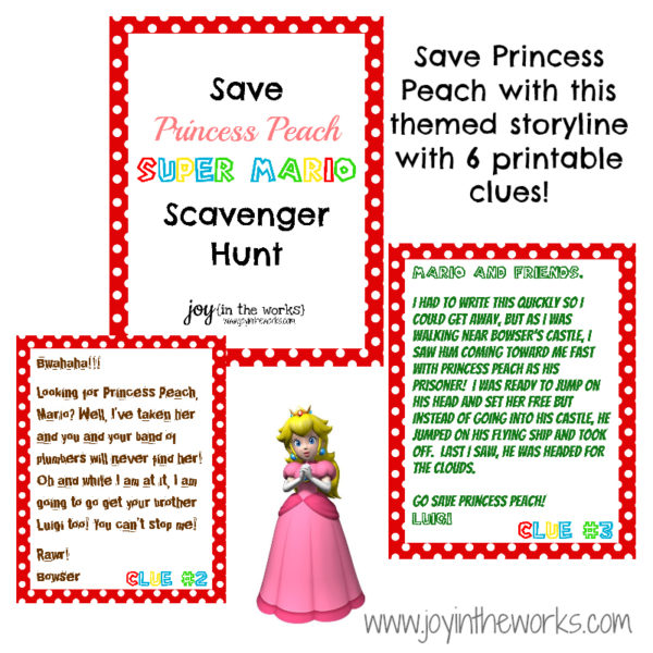 Save Princess Peach at your Super Mario birthday party! Includes 6 themed clues and instructions for clue locations