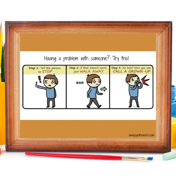 Use this fun comic to reinforce the 3 hand movements and steps for teaching conflict resolution