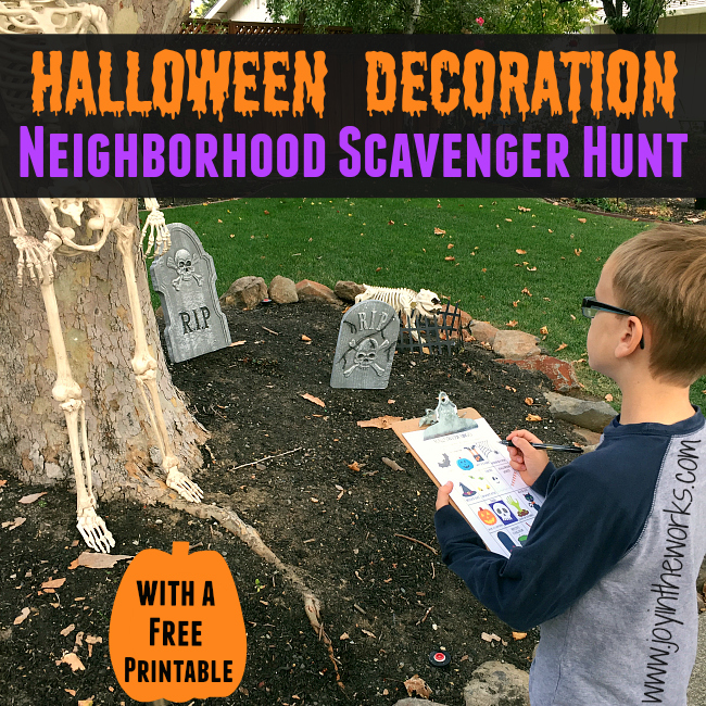 Looking for a fun family activity before Halloween? Check out this free printable Halloween decoration neighborhood scavenger hunt! At night or during the day, your kids can find skeletons, cauldrons and Halloween lights!