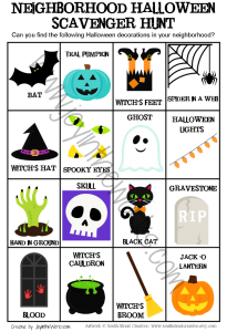 Search for witch's feet, bloddy handprints and teal pumpkins with this free printable Halloween Decoration Scavenger Hunt.