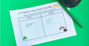 Learn about probability and tally marks with this gold coin flipping game for St. Patrick's Day