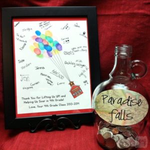 Need a class gift idea for a teacher? This is the perfect end of the year teacher gift (especially if they are Pixar or Disney fans!). Check out how we made our very own Up Paradise Falls Coin Jar as well as an Up balloon schoolhouse card to go with it. Our teacher loved this creative gift from the whole class!