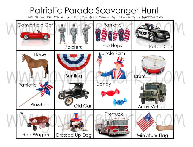 Make your town 4th of July Parade extra exciting for the kids by adding this 4th of July Parade Scavenger Hunt! Kids can find all sort of fun items from a dressed up dog to an old fashioned car! Works great for any patriotic parade making it a Memorial Day Parade Scavenger Hunt also!