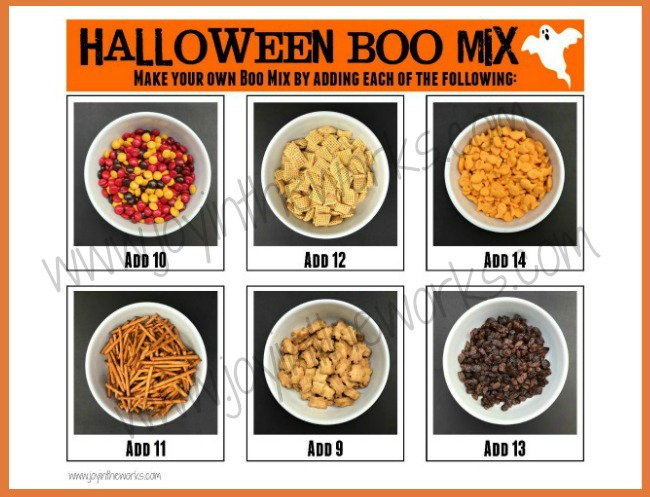 Have kids create their own Halloween Boo Mix using these printable follow-along directions! Kids can practice their counting skills and follow directions while creating a yummy treat! Even better? A Boo Mix Snack Bag Topper to go with it! Perfect for a Class Halloween Party Snack!