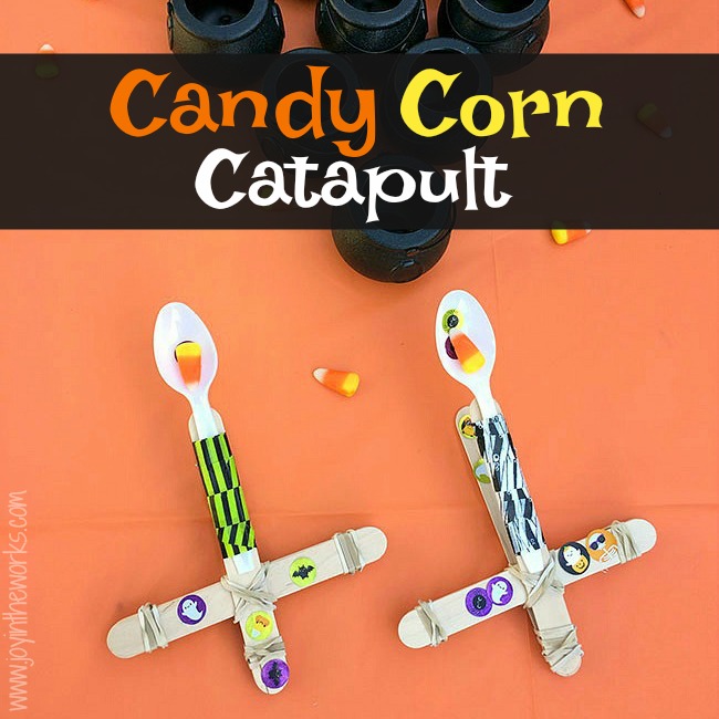 The perfect Halloween STEM activity is a Candy Corn Catapult! Even better? Try launching the candy corn, eyeballs and mini-pumpkins into cauldron targets!