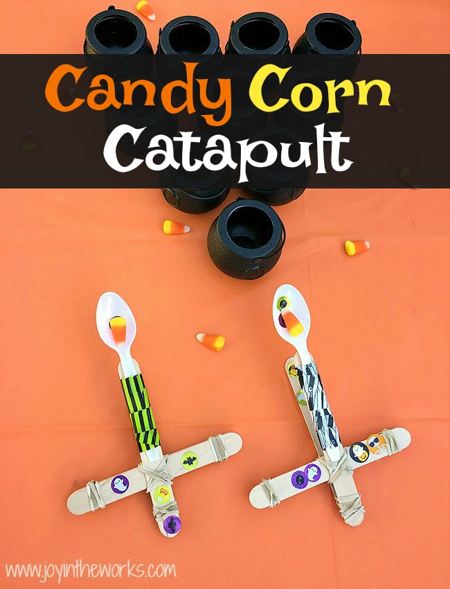 The perfect Halloween STEM activity is a Candy Corn Catapult! Even better? Try launching the candy corn, eyeballs and mini-pumpkins into cauldron targets!