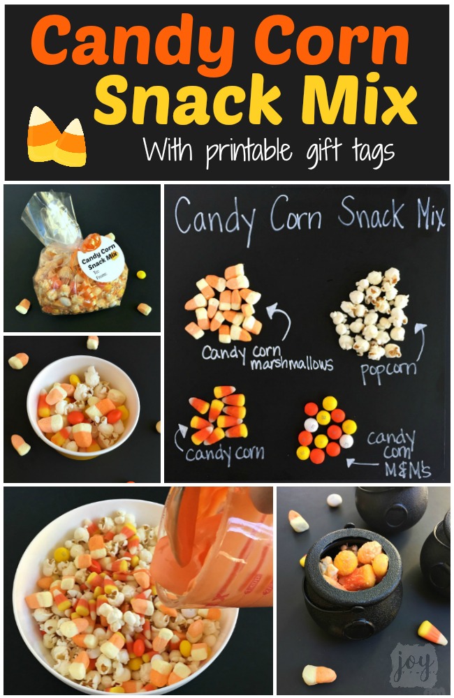 Whether you call it Candy Corn Trail Mix, Candy Corn Popcorn Mix or Candy Corn Snack Mix, this is the perfect Fall Snack for a Halloween Party or addition to a Boo Kit! Even better? It comes with a free printable Candy Corn Themed Halloween gift tag!