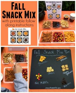 Have kids create their own Fall Snack Mix using these printable follow-along directions! Kids can practice their counting skills and follow directions while creating a yummy treat! Even better? A printable Fall Snack Bag Topper to go with it! Perfect for a Fall Festival or Class Halloween Party Snack!