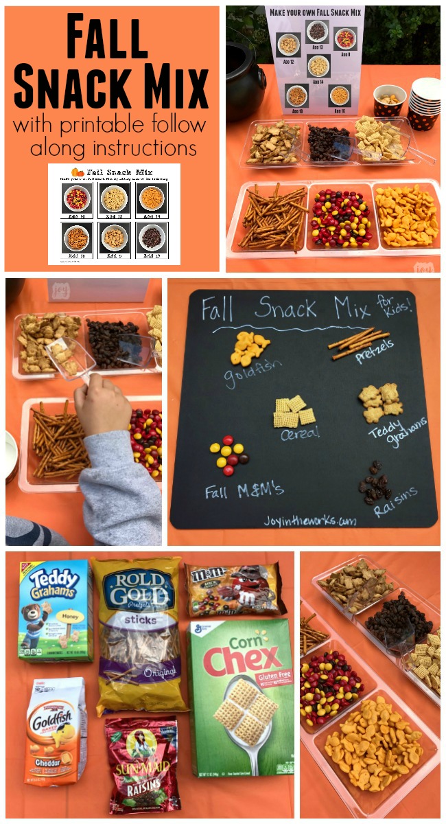 Have kids create their own Fall Snack Mix using these printable follow-along directions! Kids can practice their counting skills and follow directions while creating a yummy treat! Even better? A printable Fall Snack Bag Topper to go with it! Perfect for a Fall Festival or Class Halloween Party Snack!