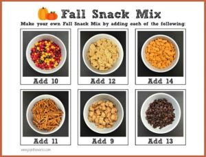 Have kids create their own Fall Snack Mix using these printable follow-along directions! Kids can practice their counting skills and follow directions while creating a yummy treat! Even better? A printable Fall Snack Bag Topper to go with it! Perfect for a Fall Festival or Class Halloween Party Snack!