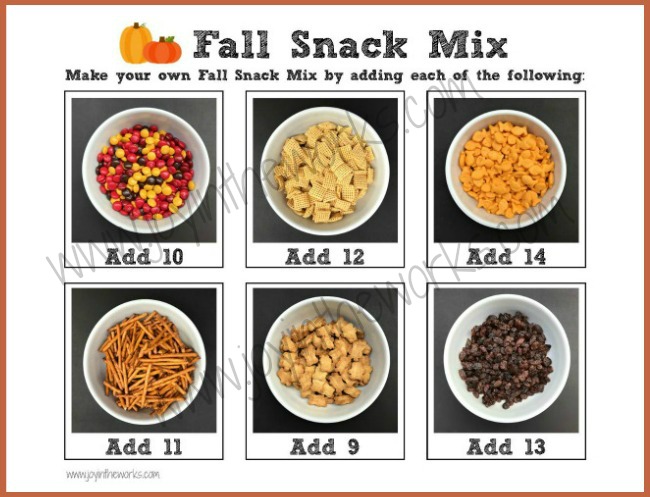 Have kids create their own Fall Snack Mix using these printable follow-along directions! Kids can practice their counting skills and follow directions while creating a yummy treat! Even better? A printable Fall Snack Bag Topper to go with it! Perfect for a Fall Festival or Class Halloween Party Snack!