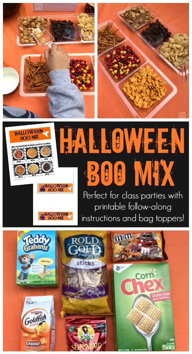 Have kids create their own Halloween Boo Mix using these printable follow-along directions! Kids can practice their counting skills and follow directions while creating a yummy treat! Even better? A Boo Mix Snack Bag Topper to go with it! Perfect for a Class Halloween Party Snack!