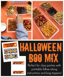 Have kids create their own Halloween Boo Mix using these printable follow-along directions! Kids can practice their counting skills and follow directions while creating a yummy treat! Even better? A Boo Mix Snack Bag Topper to go with it! Perfect for a Class Halloween Party Snack!