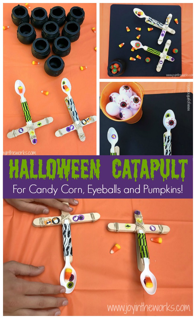 The perfect Halloween STEM activity is a Candy Corn Catapult! Even better? Try launching the candy corn, eyeballs and mini-pumpkins into cauldron targets!