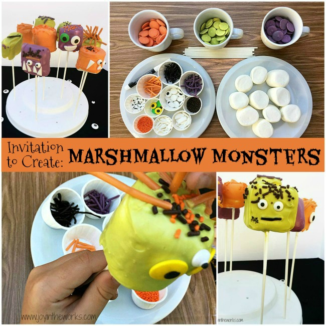 Looking for a Halloween Party Activity? These Marshmallow Monsters Halloween Treats are the perfect Halloween Invitation to Create! Plus any Halloween treat that doubles as an activity is a win in my book!