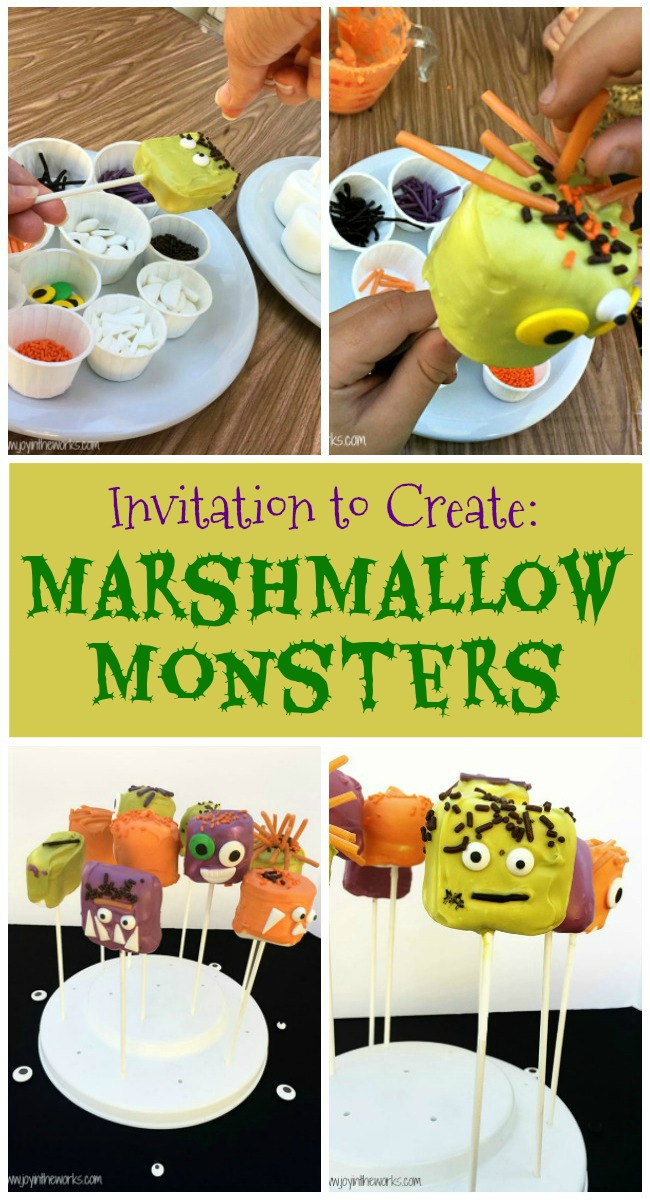 Looking for a Halloween Party Activity? These Marshmallow Monsters Halloween Treats are the perfect Halloween Invitation to Create! Plus any Halloween treat that doubles as an activity is a win in my book!