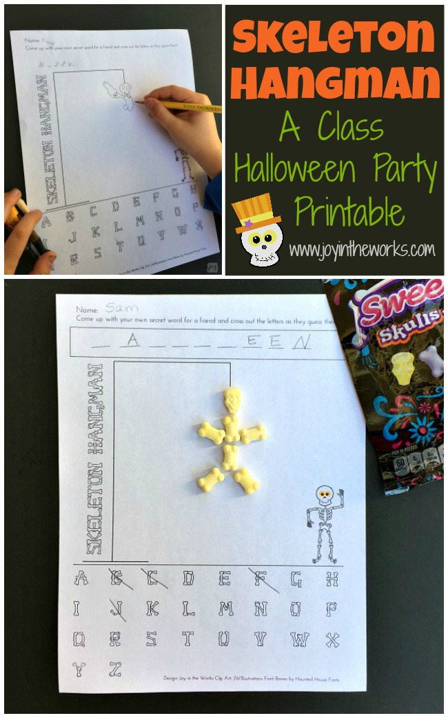 Skeleton Hangman, a Halloween version of Hangman, is the perfect printable Halloween party game- especially for a Class Halloween Party!