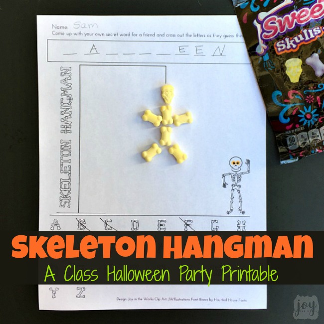 Skeleton Hangman, a Halloween version of Hangman, is the perfect printable Halloween party game- especially for a Class Halloween Party!