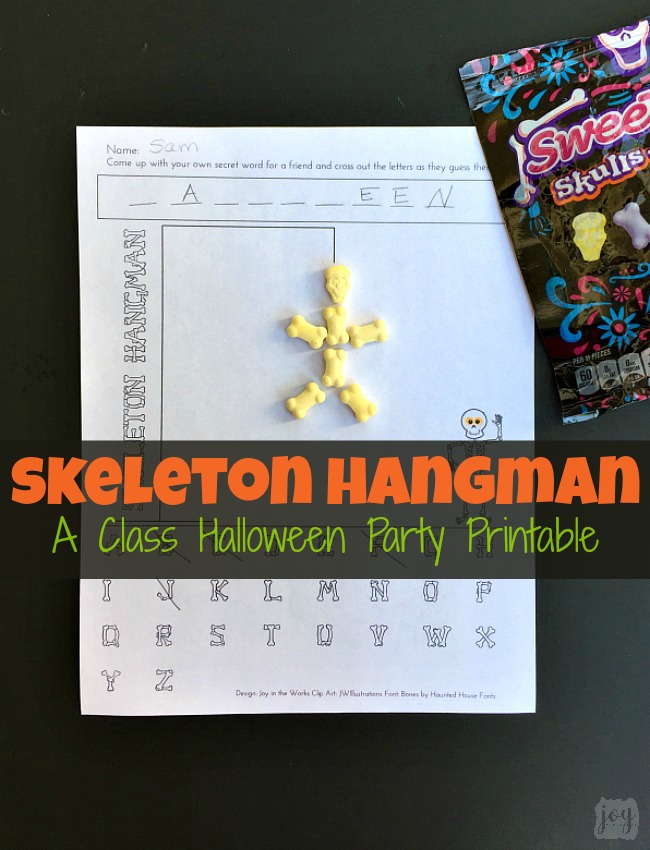 Skeleton Hangman, a Halloween version of Hangman, is the perfect printable Halloween party game- especially for a Class Halloween Party!