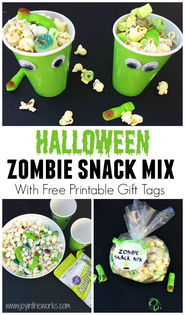 Throwing a Halloween party for kids? Looking for a creative Halloween themed snack? This Zombie Snack Mix for kids is the perfect Halloween party food with its gummy fingers, eyeballs and bones! For an extra special touch, add a green candy coating and green snack foods in green zombie cups for a true Zombie theme! #HalloweenPartyFood #ZombieSnackMix