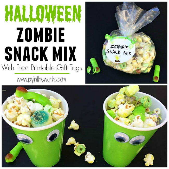 Throwing a Halloween party for kids? Looking for a creative Halloween themed snack? This Zombie Snack Mix for kids is the perfect Halloween party food with its gummy fingers, eyeballs and bones! For an extra special touch, add a green candy coating and green snack foods in green zombie cups for a true Zombie theme! #HalloweenPartyFood #ZombieSnackMix