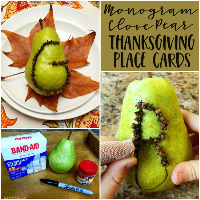 Beautiful kid made Thanksgiving Placecards! This Monogram Pear Thanksgiving Placecard made with cloves can be made by an adult or an older child and is such a beautiful addition to your Thanksgiving table! #thanksgivingtable #thanksgivingplacecards #diythanksgiving #thanksgivingcraft