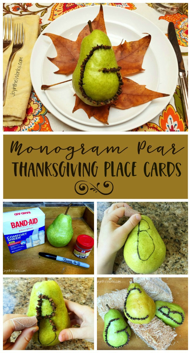 Beautiful kid made Thanksgiving Placecards! This Monogram Pear Thanksgiving Placecard made with cloves can be made by an adult or an older child and is such a beautiful addition to your Thanksgiving table! #thanksgivingtable #thanksgivingplacecards #diythanksgiving #thanksgivingcraft