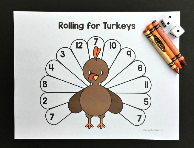 A fun printable Thanksgiving game for school or home! Rolling for Turkeys is a printable Thanksgiving game where you roll and color the turkey feathers until it is all filled in!