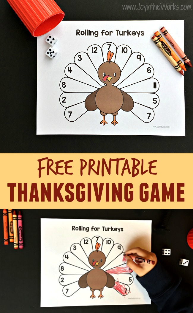 A fun printable Thanksgiving game for school or home! Rolling for Turkeys is a printable Thanksgiving game where you roll and color the turkey feathers until it is all filled in!