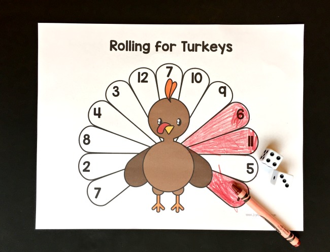A fun printable Thanksgiving game for school or home! Rolling for Turkeys is a printable Thanksgiving game where you roll and color the turkey feathers until it is all filled in!