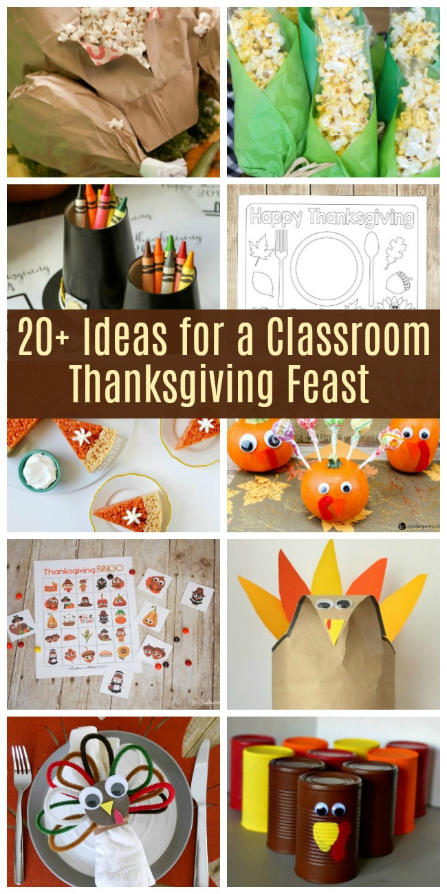 Looking for Classroom Thanksgiving Feast Ideas? Or need Kid's Thanksgiving Feast Food, Snacks or Activities? Check out these 20+ ideas for a Thanksgiving Feast in the classroom or at home! #thanksgivingforkids #thanksgivingfeastintheclassroom #classroomthanksgivingfeast #thanksgivingfavors #thanksgivingcrafts #thanksgivinggames #thanksgivingdecorations