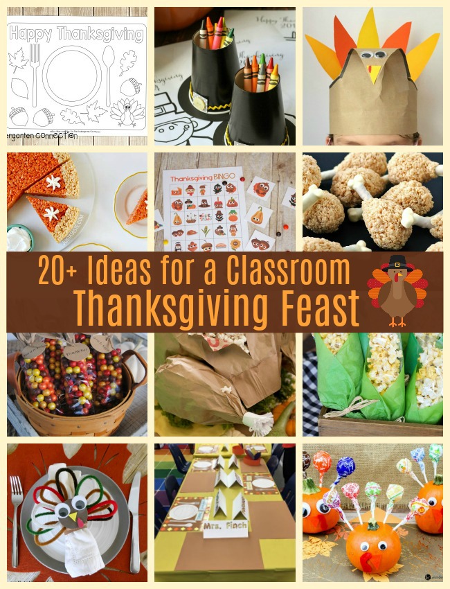 Looking for Classroom Thanksgiving Feast Ideas? Or need Kid's Thanksgiving Feast Food, Snacks or Activities? Check out these 20+ ideas for a Thanksgiving Feast in the classroom or at home! #thanksgivingforkids #thanksgivingfeastintheclassroom #classroomthanksgivingfeast #thanksgivingfavors #thanksgivingcrafts #thanksgivinggames #thanksgivingdecorations