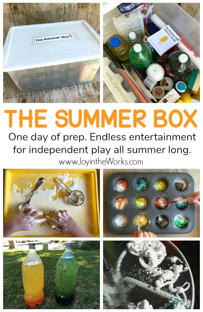 Bored kids this summer? Kids always expecting to be entertained? Teach them how to entertain themselves this summer with a Summer Box full of supplies and activities for independent play! The Summer Box is the answer for bored kids as it guides them with simple instructions on 30 different activity cards and a box full of the corresponding supplies. Kids can create, experiment and play their way through the entire summer and it only take one day of prep for you!